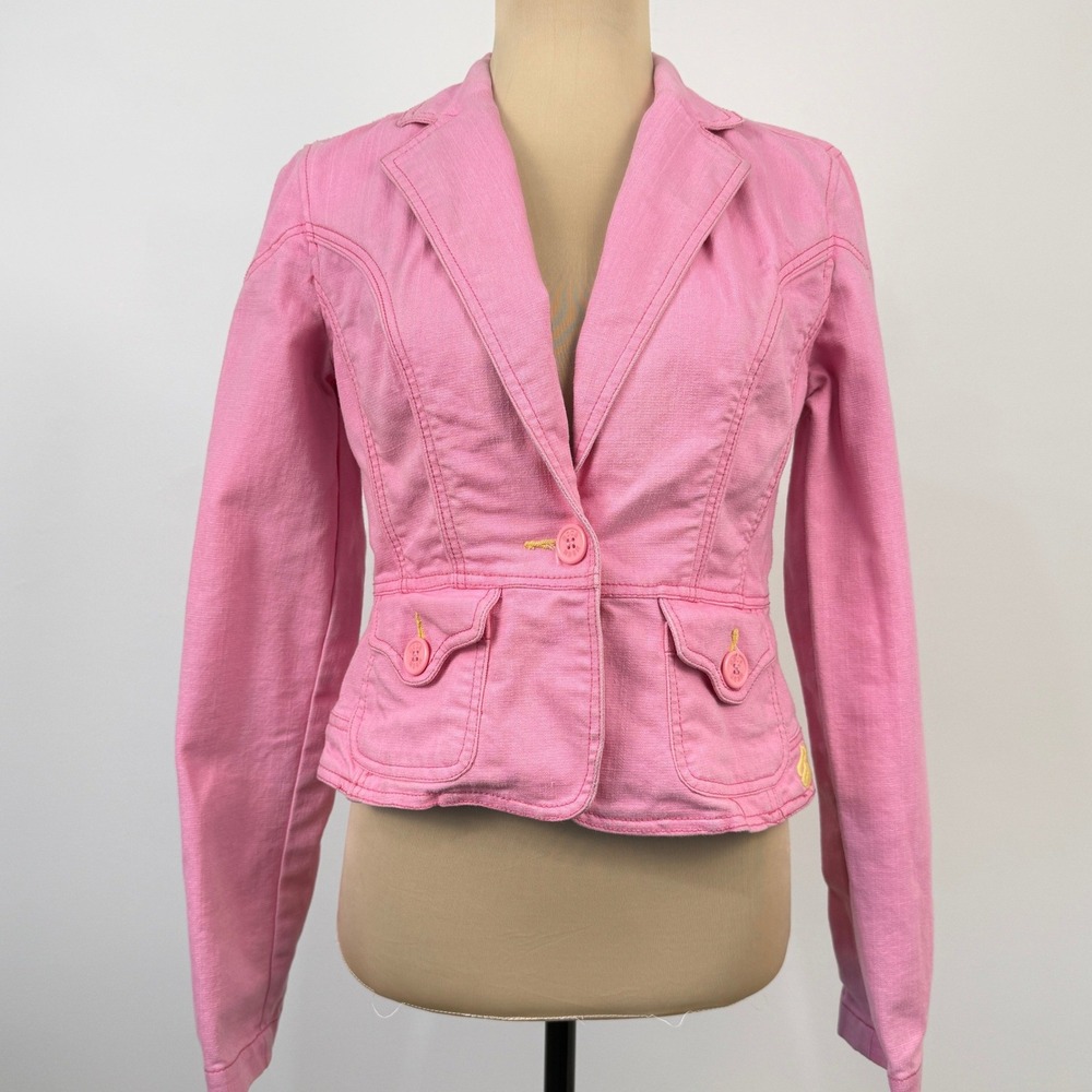 Rocawear Y2K‎ Fitted Cropped Denim Blazer Jacket Womens Medium Pink McBling